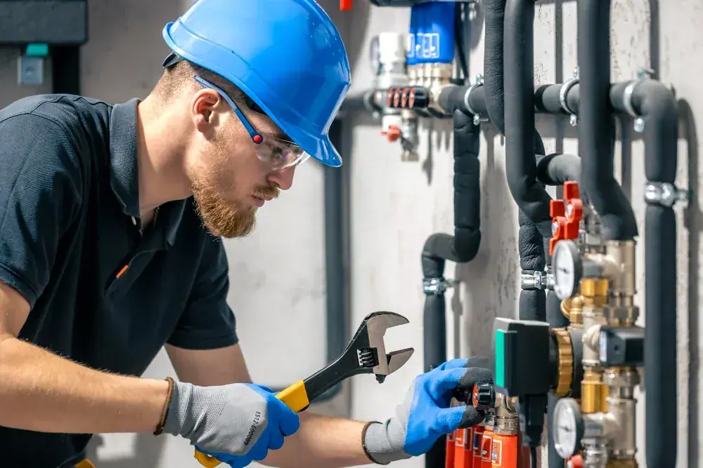 Plumber working on mechanical pipework and valves during a service call