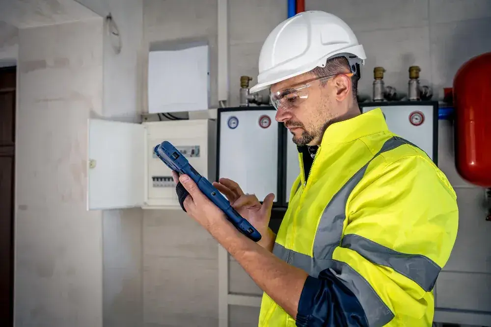 Technician using a diagnostic device to inspect plumbing equipment for leaks